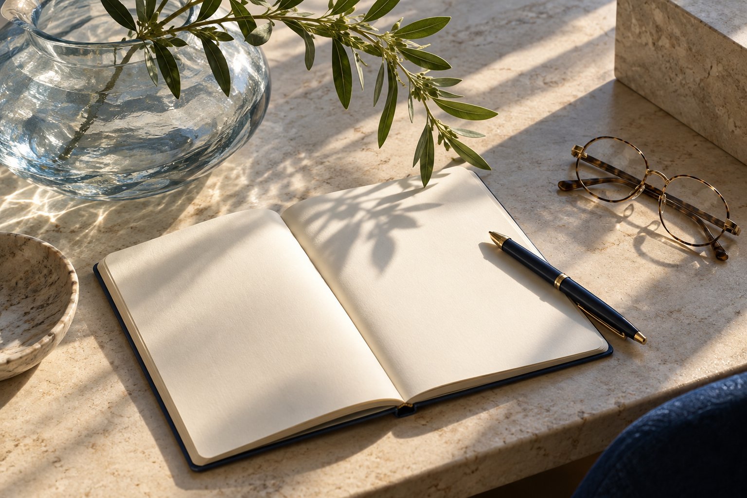 Generated editorial still life of a blank notebook, pen and reading glasses